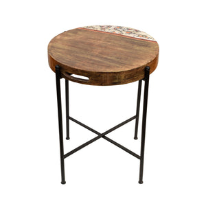 Brown - Round Tray with Cross Folding Stand Handpainted with Tribal Art (14x14x19)