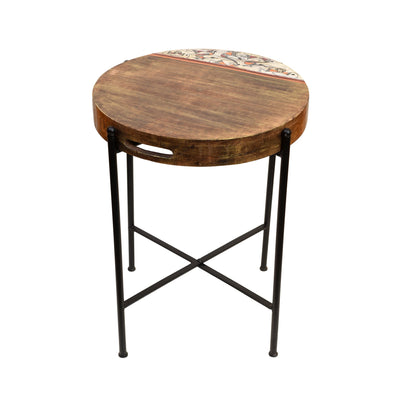 Brown - Round Tray with Cross Folding Stand Handpainted with Tribal Art (14x14x19)