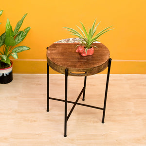 Brown - Round Tray with Cross Folding Stand Handpainted with Tribal Art (14x14x19)