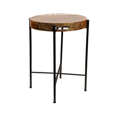 Brown - Round Tray with Cross Folding Stand Handpainted with Tribal Art (14x14x19)