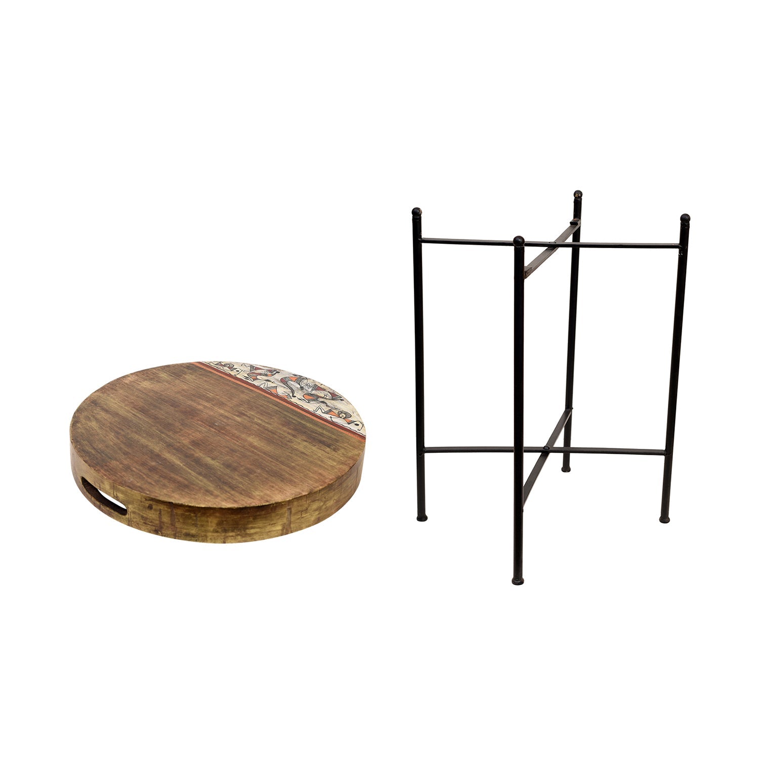 Brown - Round Tray with Cross Folding Stand Handpainted with Tribal Art (14x14x19)
