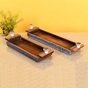 Brown - Handcrafted Mango Wood Rectangular Serving Tray (Set of 2)