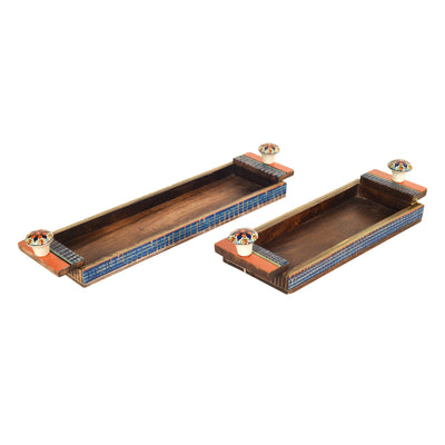 Brown - Handcrafted Mango Wood Rectangular Serving Tray (Set of 2)