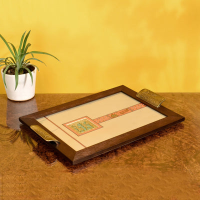 Beige - Wooden Rectangle Serving Tray with Brass Handles (17x12x1.4)