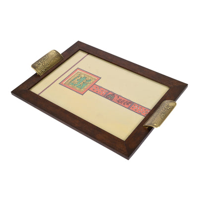 Beige - Wooden Rectangle Serving Tray with Brass Handles (17x12x1.4)