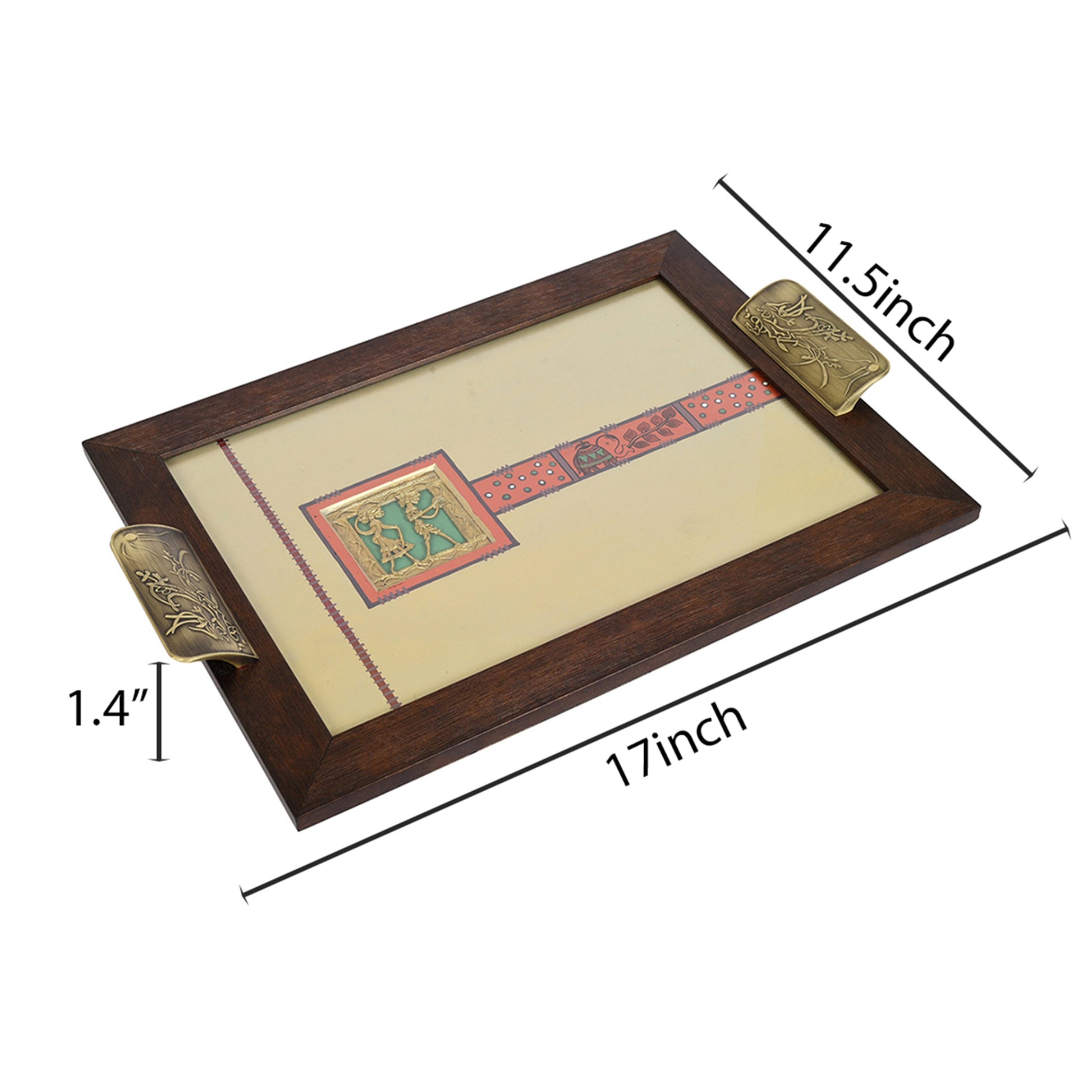 Beige - Wooden Rectangle Serving Tray with Brass Handles (17x12x1.4)