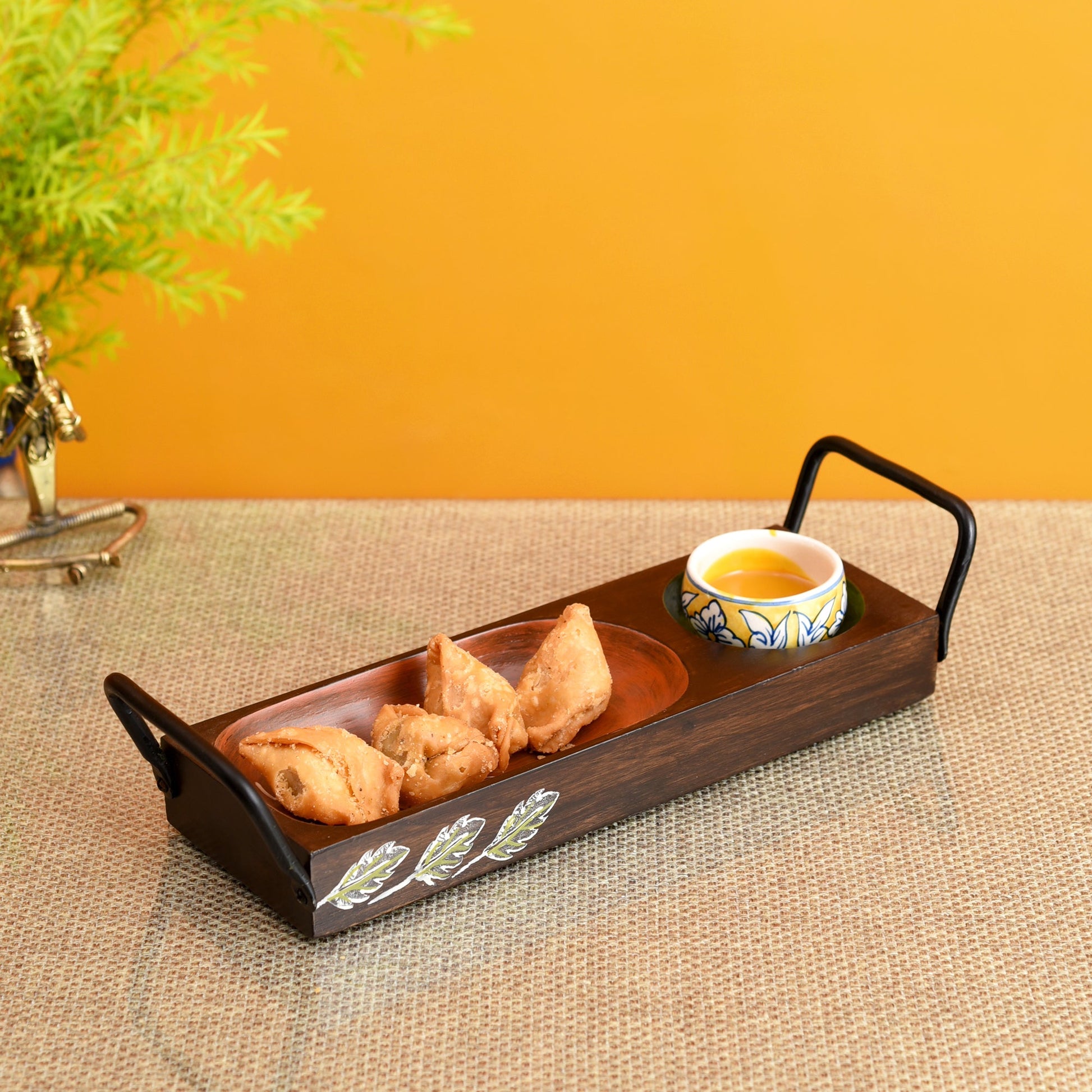 Brown - Chip n Dip Server with Sleek Metal Handle (13x4x3)