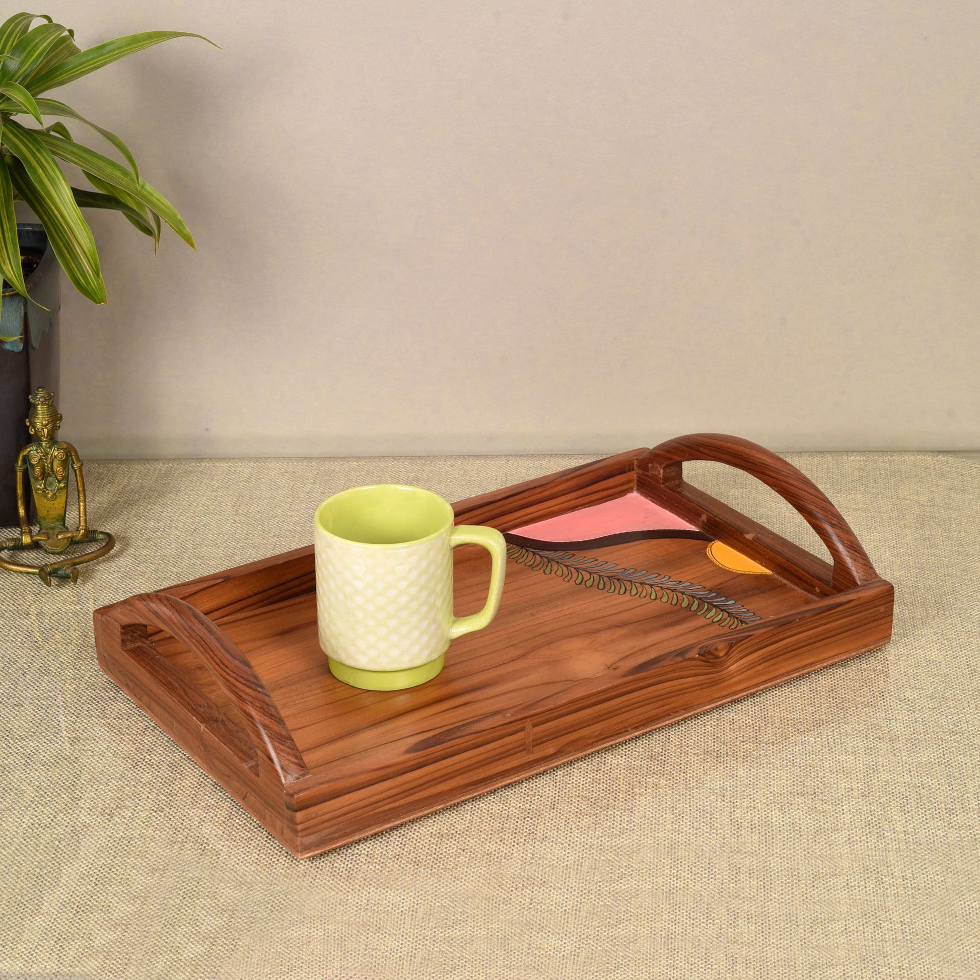Brown - Hand Painted Teak Wood Serving Tray (17x11x3)