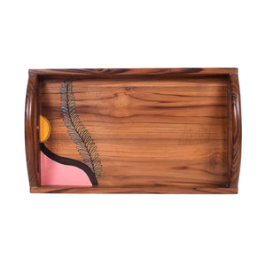 Brown - Hand Painted Teak Wood Serving Tray (17x11x3)