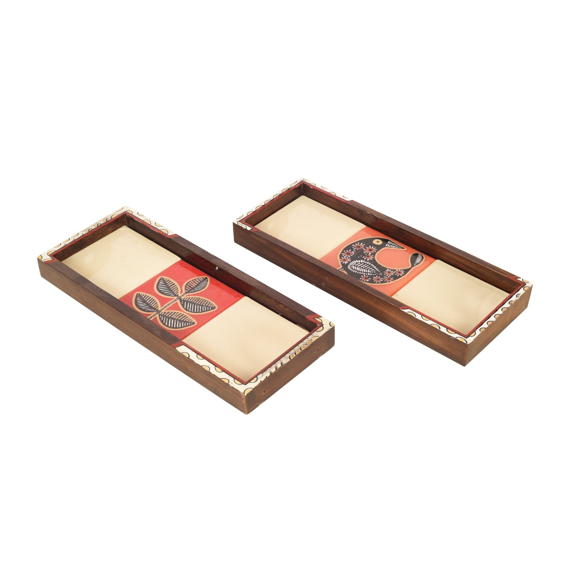 Beige - Mango Wood Handcrafted Mosaic Tray (Set of 2)