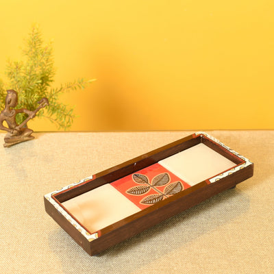 Beige - Mango Wood Handcrafted Raspberry Flora Rectangular Tray (12.5 x 5 in)