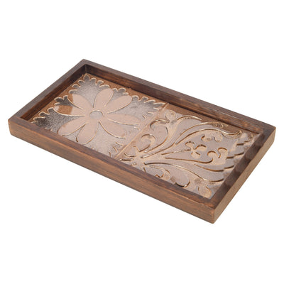 Brown - Mango Wood Handcrafted Floral Serenade Rectangular Tray (12 x 7.5 in)