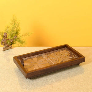 Brown - Mango Wood Handcrafted Floral Serenade Rectangular Tray (12 x 7.5 in)