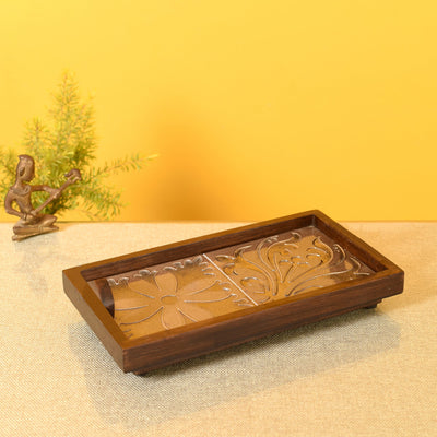 Brown - Mango Wood Handcrafted Floral Serenade Rectangular Tray (12 x 7.5 in)