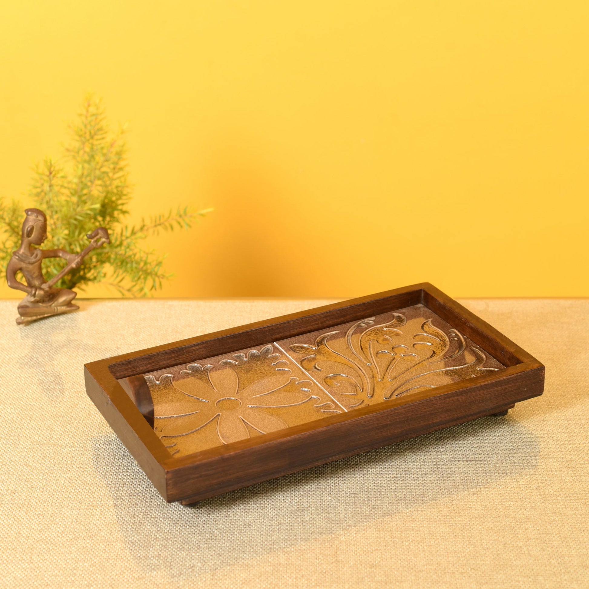 Brown - Mango Wood Handcrafted Floral Serenade Rectangular Tray (12 x 7.5 in)