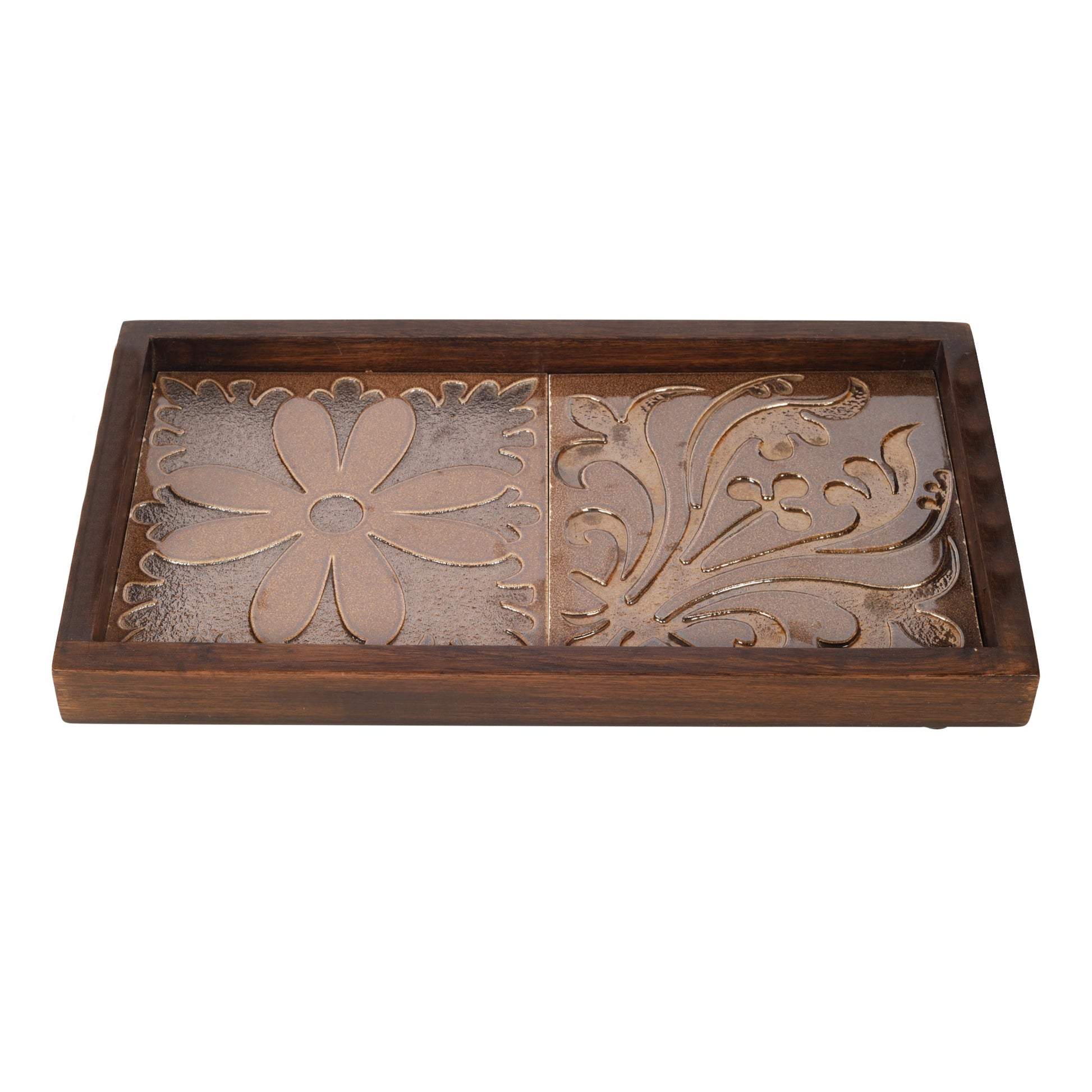Brown - Mango Wood Handcrafted Floral Serenade Rectangular Tray (12 x 7.5 in)