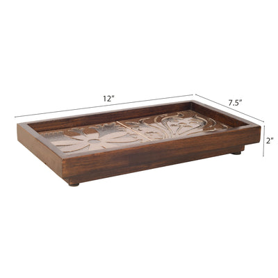 Brown - Mango Wood Handcrafted Floral Serenade Rectangular Tray (12 x 7.5 in)