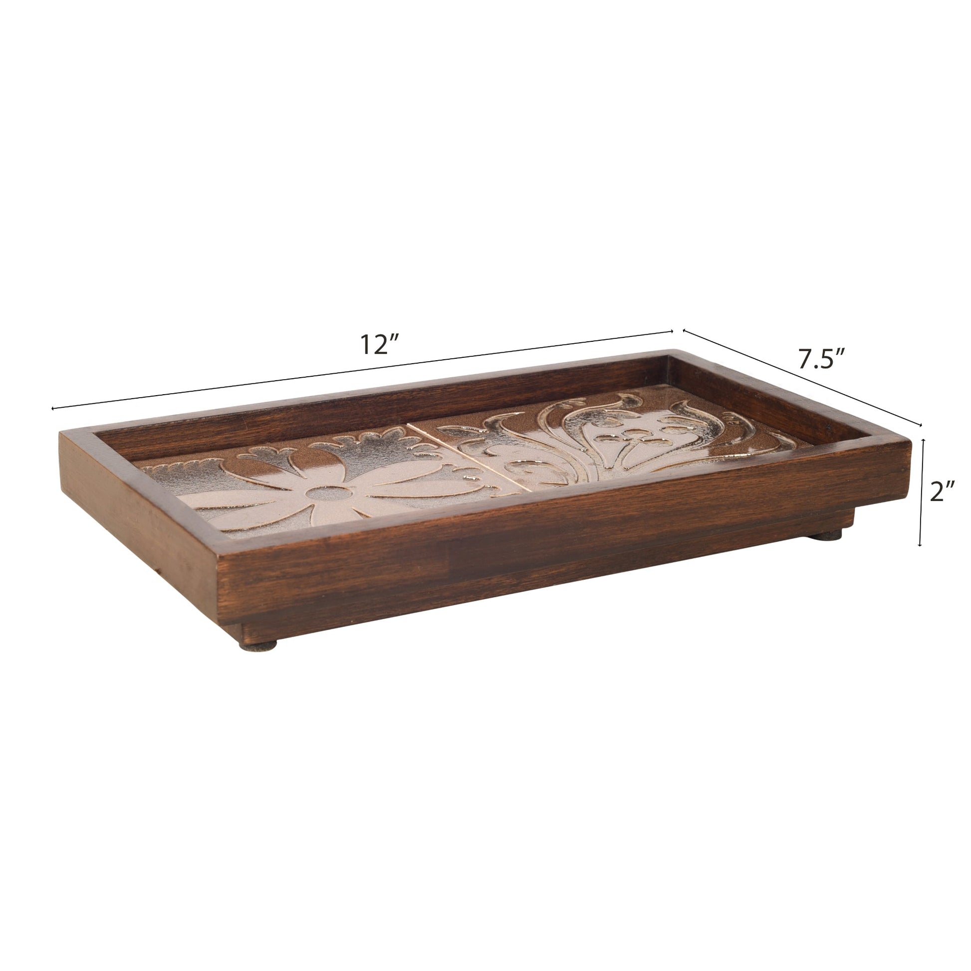 Brown - Mango Wood Handcrafted Floral Serenade Rectangular Tray (12 x 7.5 in)