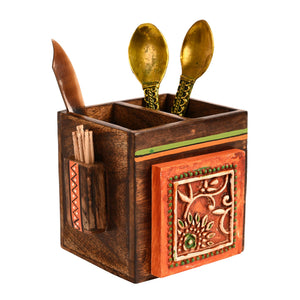 Brown - Cutlery Holder Handcrafted in Wood with Tribal Art (4.5x4x4
