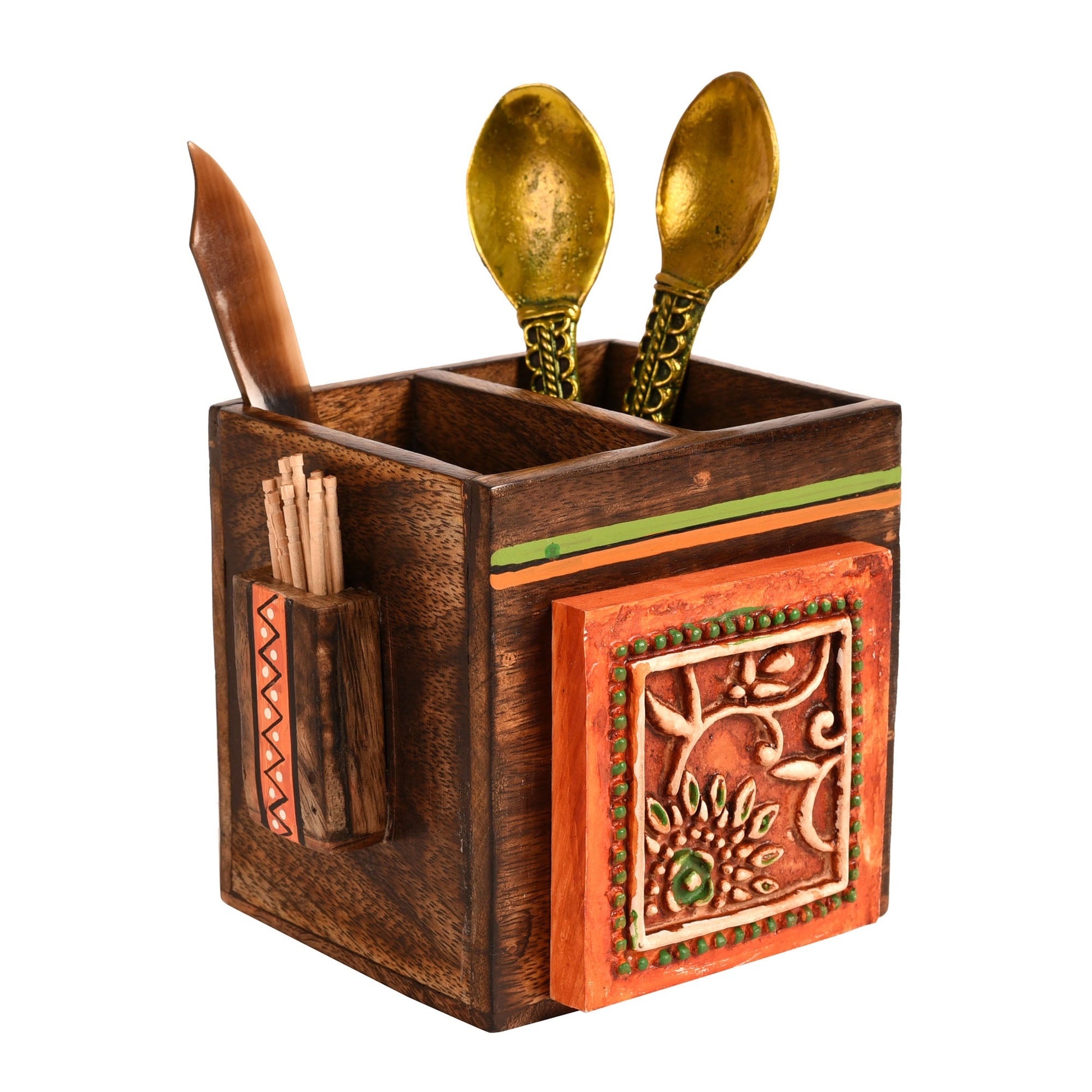 Brown - Cutlery Holder Handcrafted in Wood with Tribal Art (4.5x4x4")