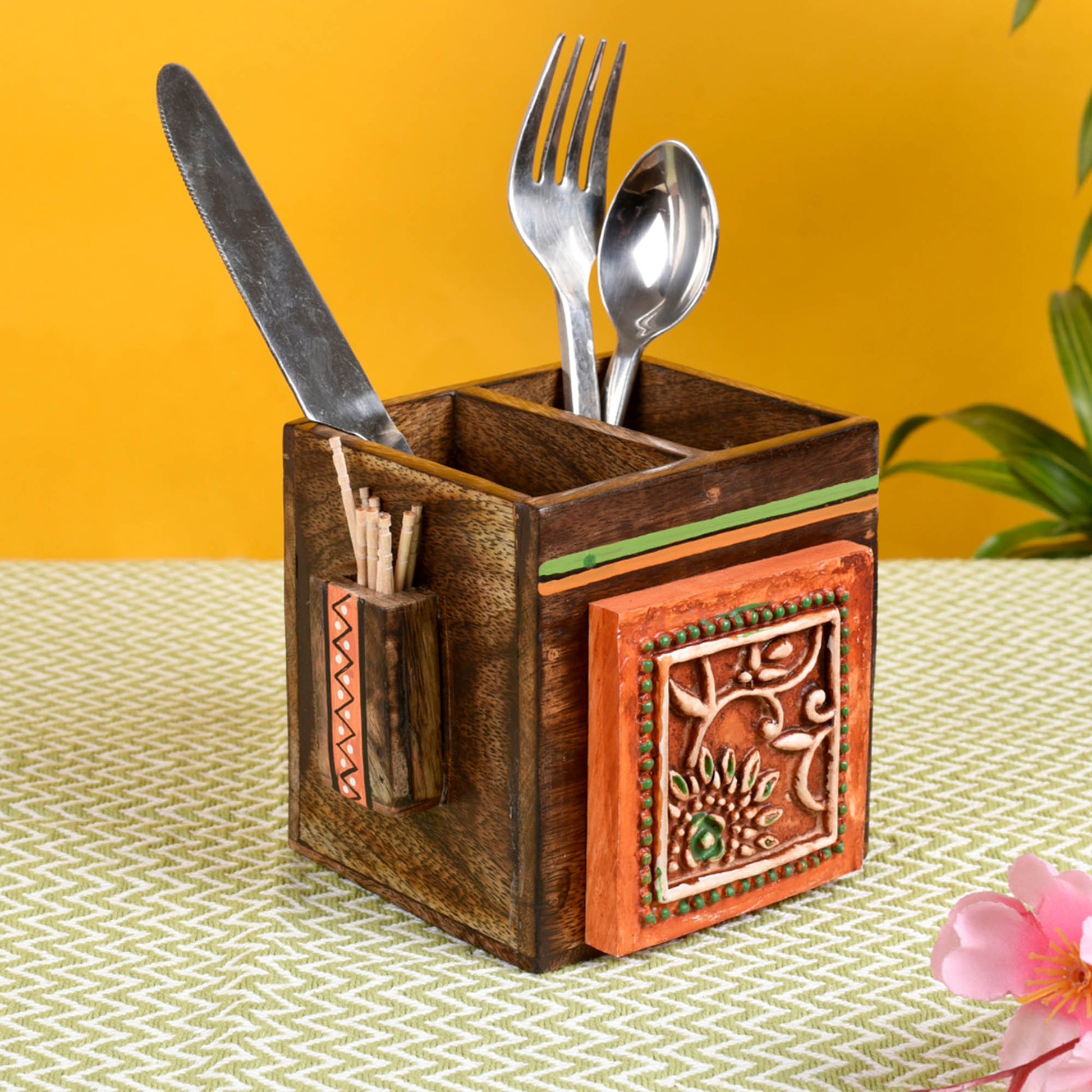 Brown - Cutlery Holder Handcrafted in Wood with Tribal Art (4.5x4x4")