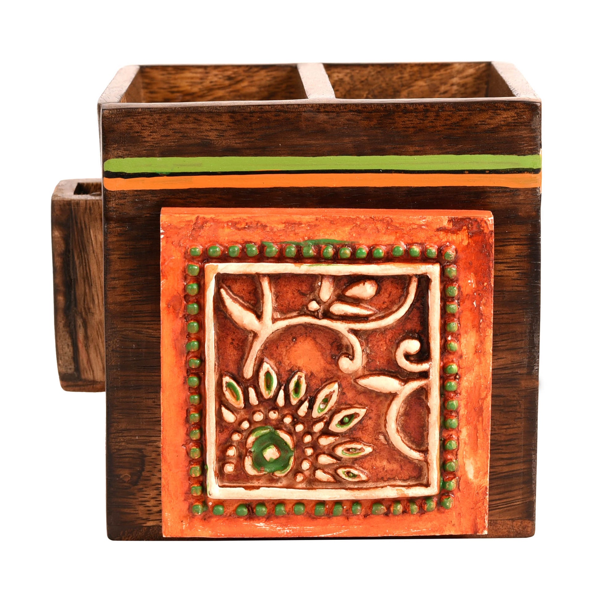 Brown - Cutlery Holder Handcrafted in Wood with Tribal Art (4.5x4x4")
