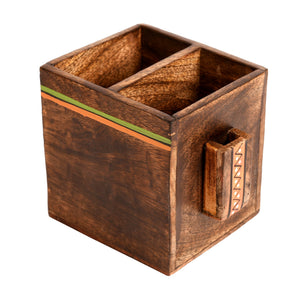 Brown - Cutlery Holder Handcrafted in Wood with Tribal Art (4.5x4x4