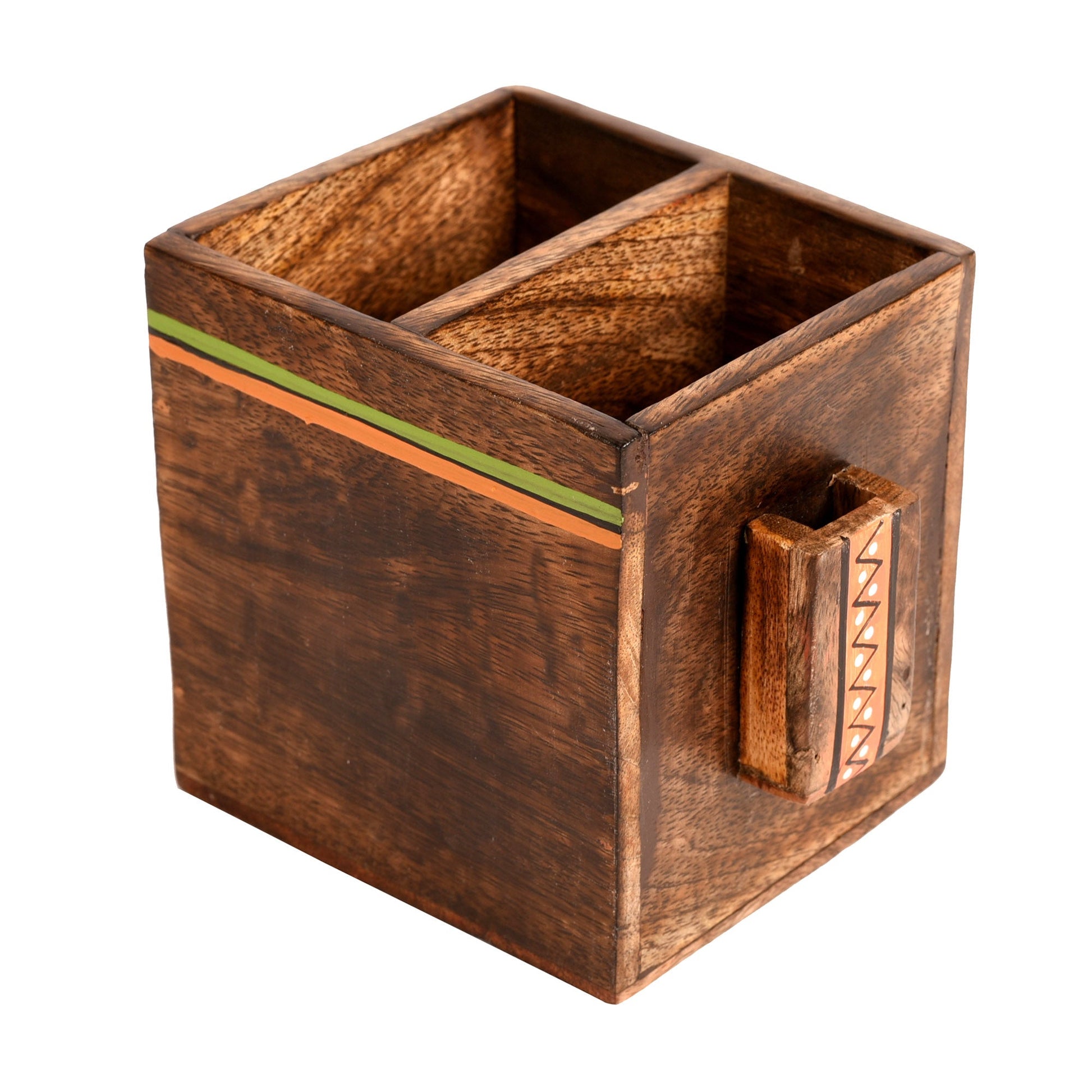 Brown - Cutlery Holder Handcrafted in Wood with Tribal Art (4.5x4x4")