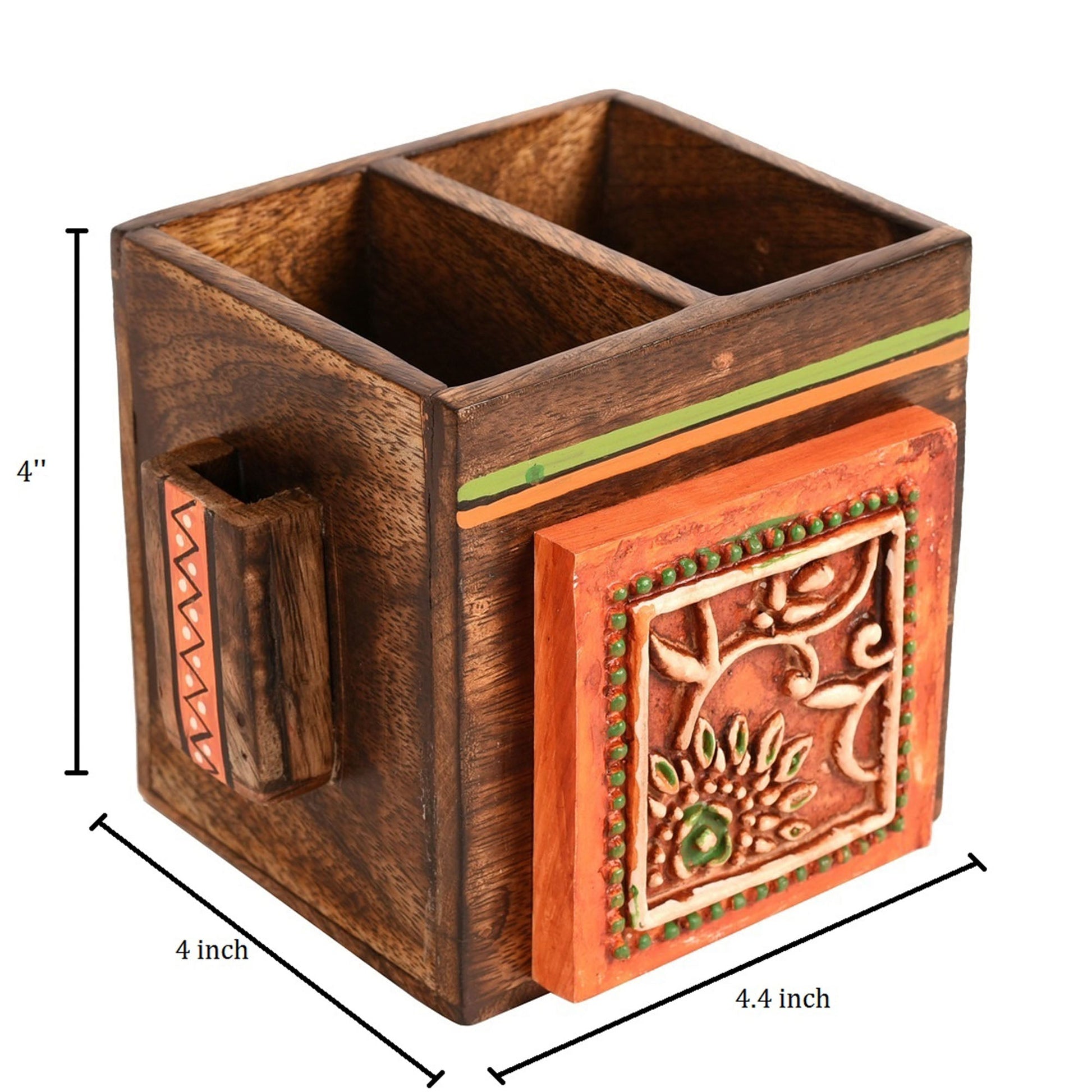 Brown - Cutlery Holder Handcrafted in Wood with Tribal Art (4.5x4x4")