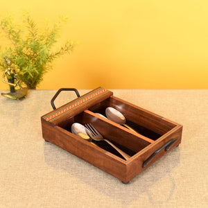 Brown - Mango Wood Handcrafted Cutlery Tray (12 x 7 in)