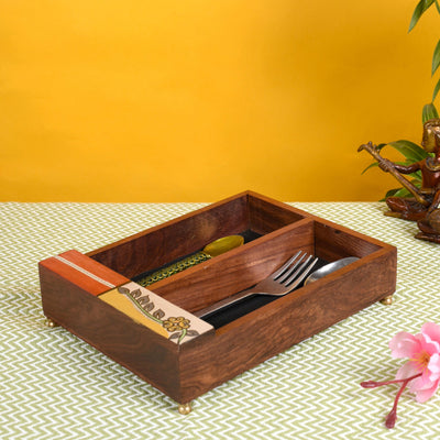 Brown - Cutlery Holder Handcrafted in Wood with Flower Motif (9x7x2.2