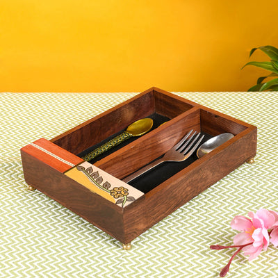 Brown - Cutlery Holder Handcrafted in Wood with Flower Motif (9x7x2.2