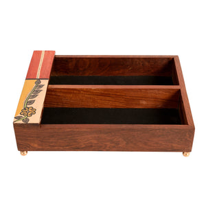 Brown - Cutlery Holder Handcrafted in Wood with Flower Motif (9x7x2.2