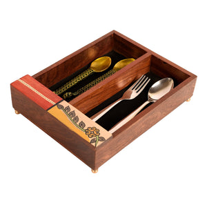 Brown - Cutlery Holder Handcrafted in Wood with Flower Motif (9x7x2.2