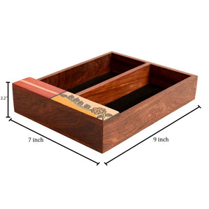 Brown - Cutlery Holder Handcrafted in Wood with Flower Motif (9x7x2.2