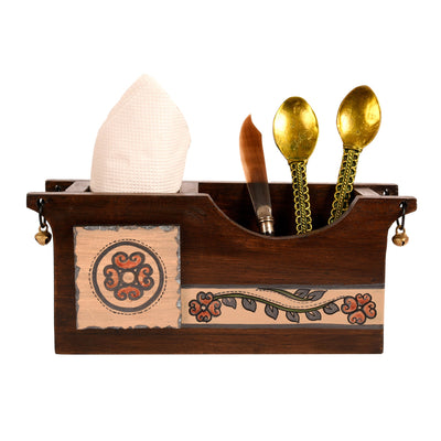 Brown - Cutlery Holder Handcrafted in Wood with Folk Art (9.2x3.3x4