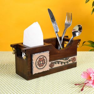 Brown - Cutlery Holder Handcrafted in Wood with Folk Art (9.2x3.3x4