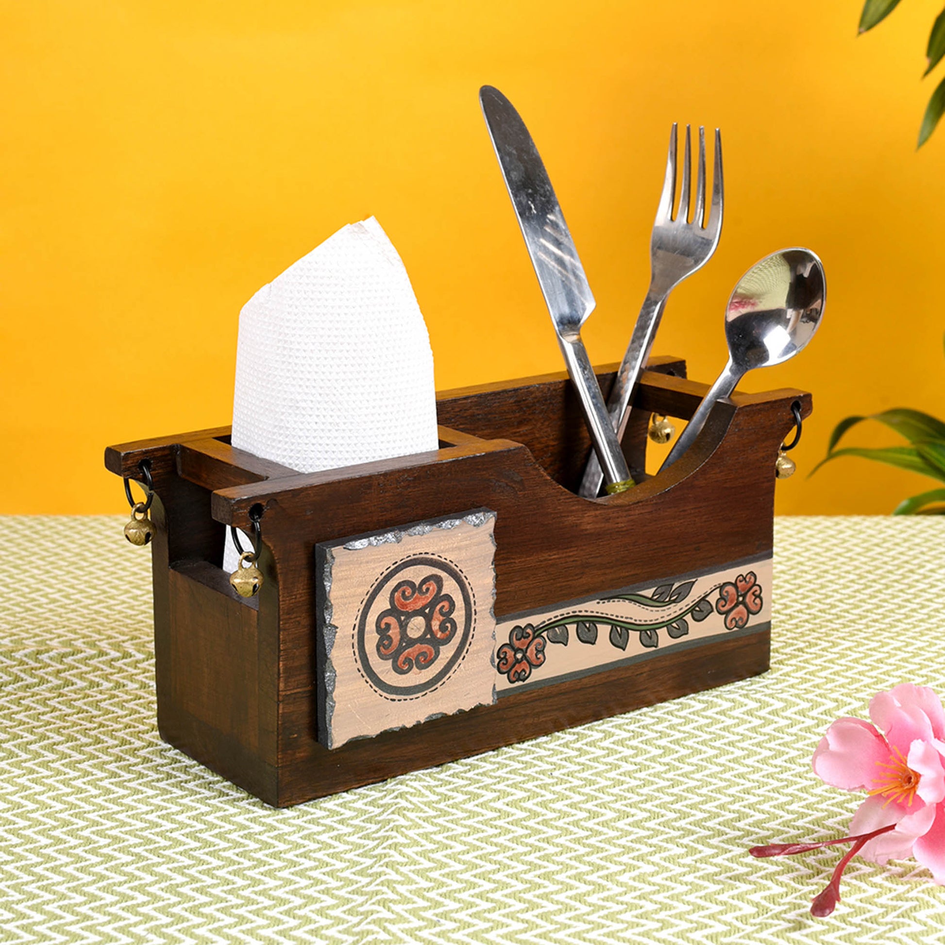 Brown - Cutlery Holder Handcrafted in Wood with Folk Art (9.2x3.3x4")