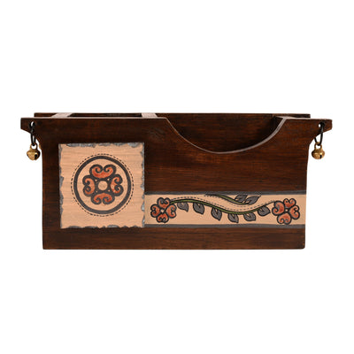Brown - Cutlery Holder Handcrafted in Wood with Folk Art (9.2x3.3x4
