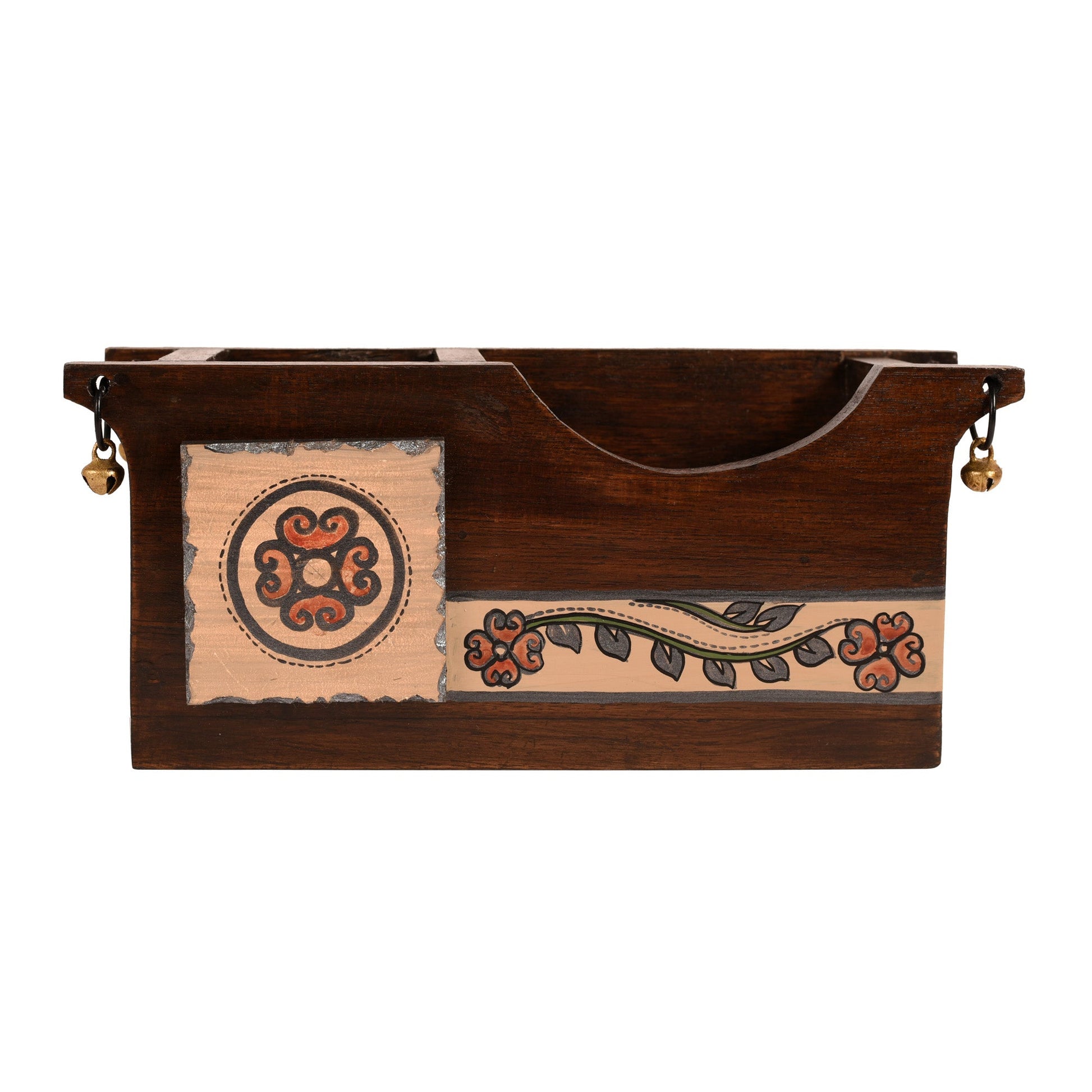 Brown - Cutlery Holder Handcrafted in Wood with Folk Art (9.2x3.3x4")