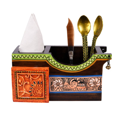Brown - Cutlery Holder Handcrafted in Wood with Madhubani Art (8x3.5x4