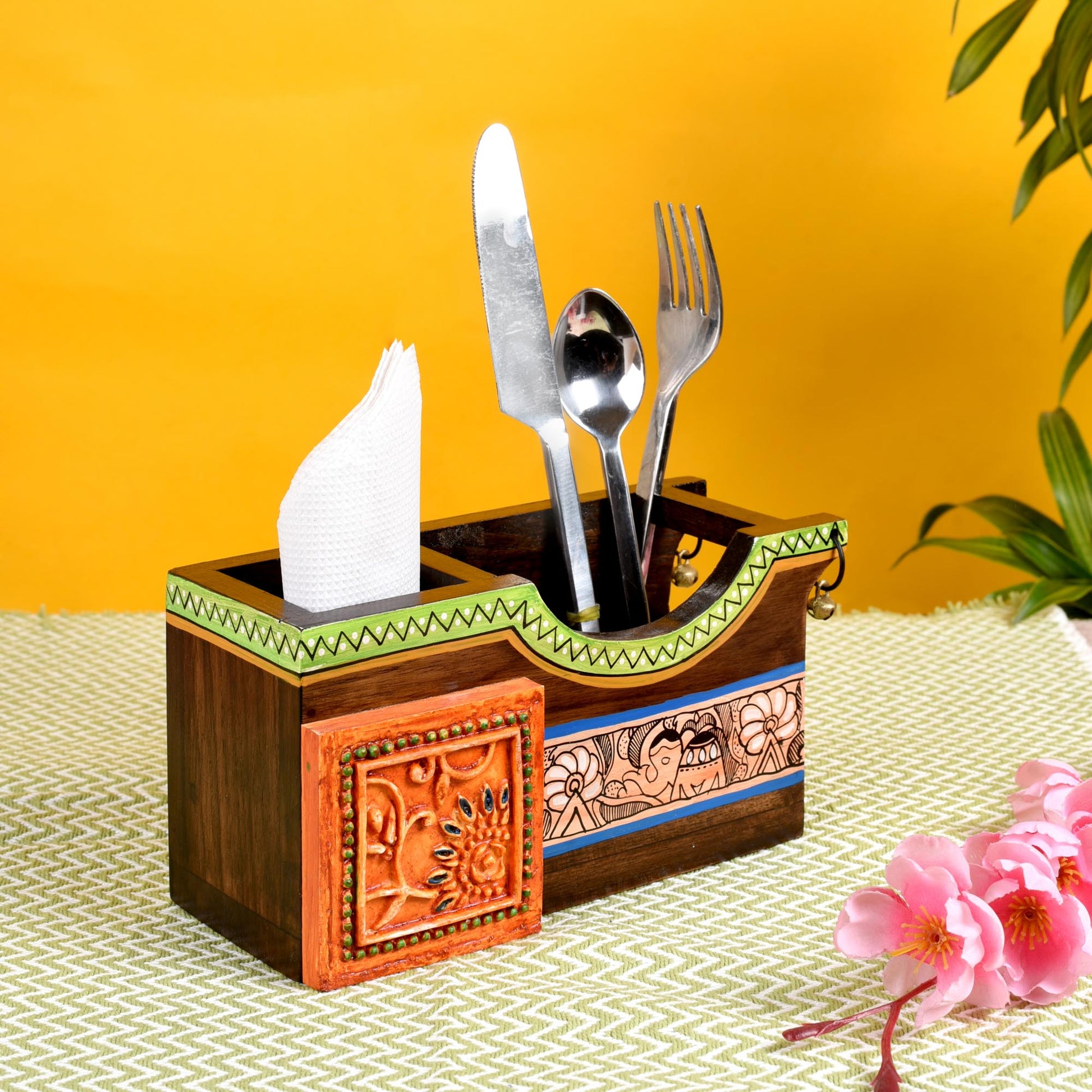 Brown - Cutlery Holder Handcrafted in Wood with Madhubani Art (8x3.5x4")