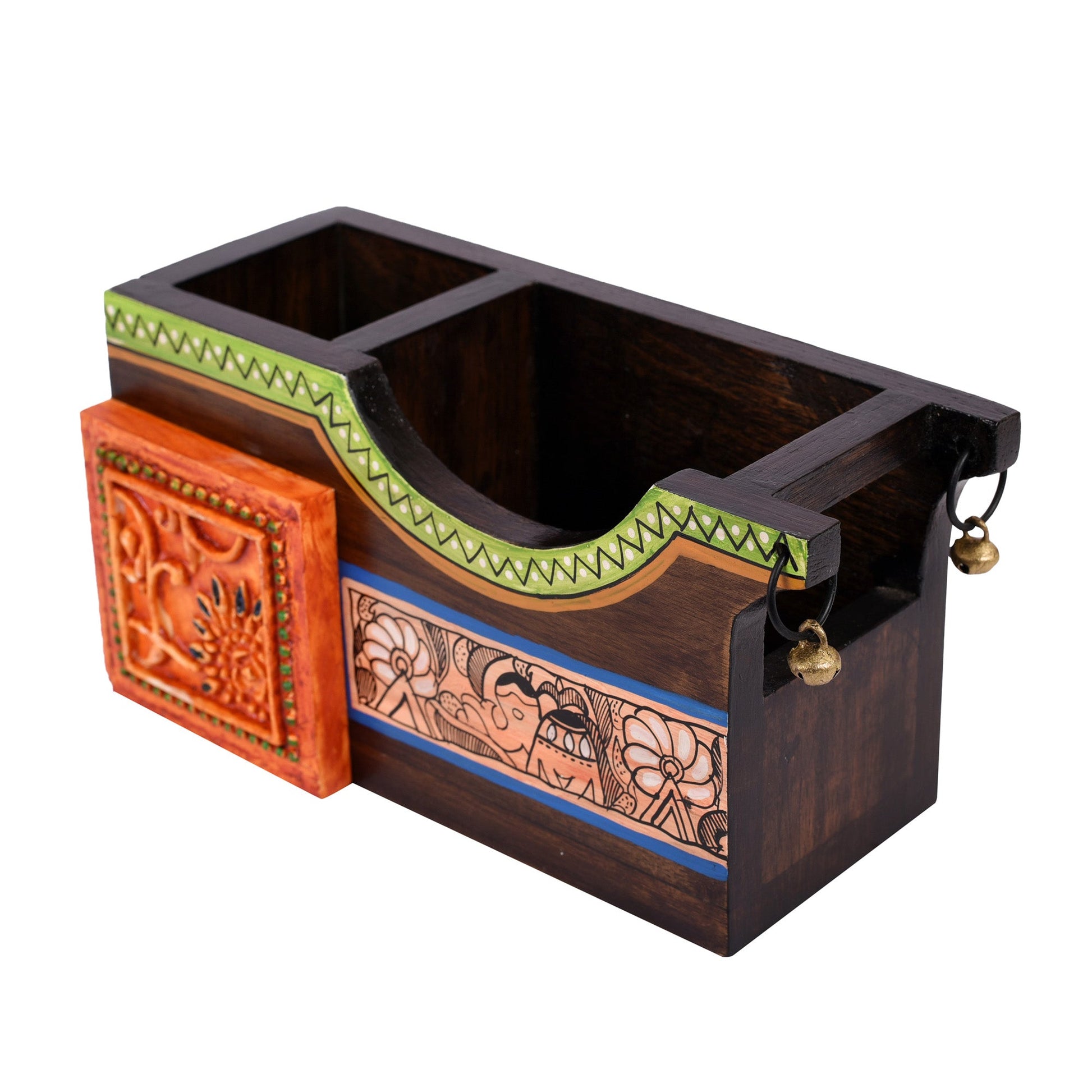 Brown - Cutlery Holder Handcrafted in Wood with Madhubani Art (8x3.5x4")