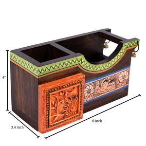 Brown - Cutlery Holder Handcrafted in Wood with Madhubani Art (8x3.5x4