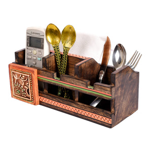 Brown - Cutlery Holder Handcrafted in Wood with Tribal Art (10x4x4