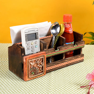 Brown - Cutlery Holder Handcrafted in Wood with Tribal Art (10x4x4