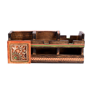 Brown - Cutlery Holder Handcrafted in Wood with Tribal Art (10x4x4