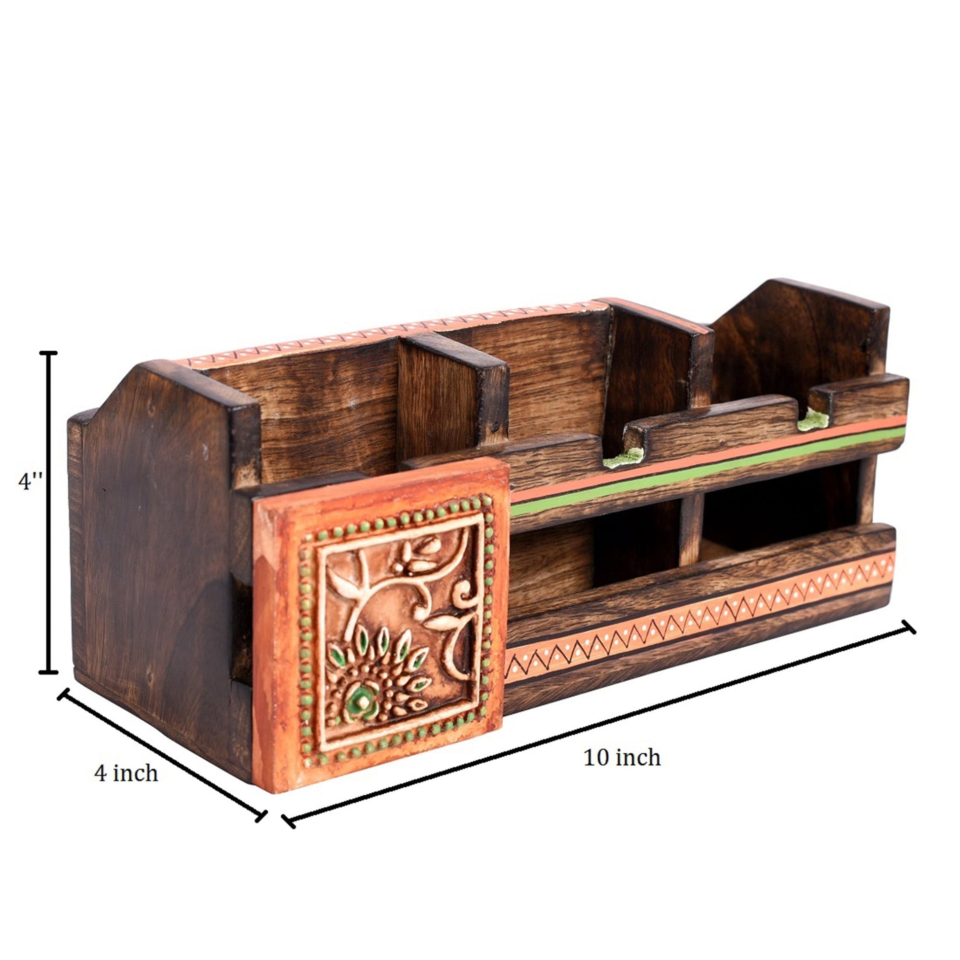 Brown - Cutlery Holder Handcrafted in Wood with Tribal Art (10x4x4")
