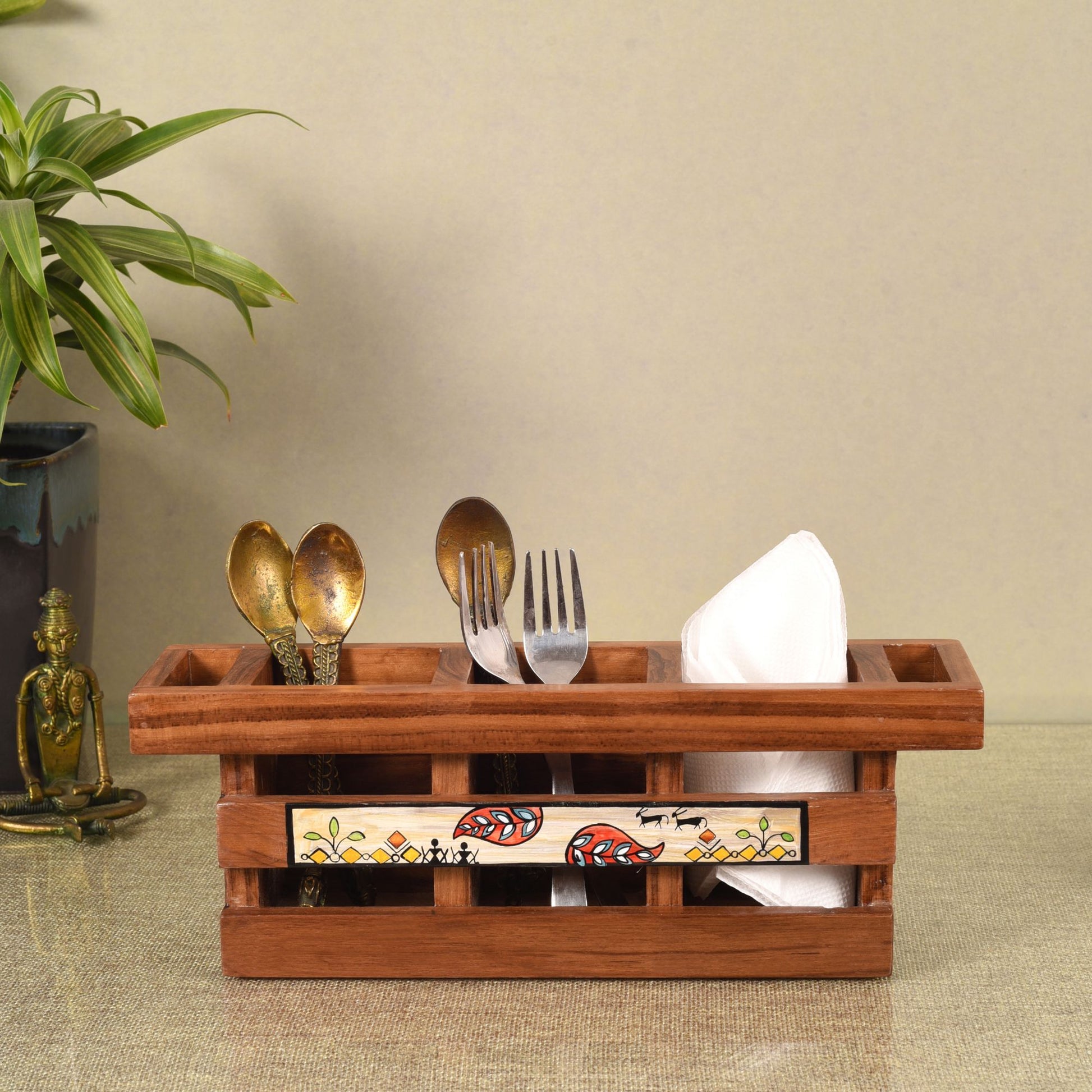 Brown - Handcrafted Flora Cutlery Storage Box (12.5x3.5x4.5)