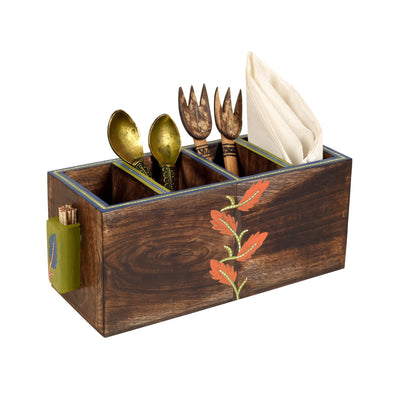Brown - Autumn Leaf Cutlery Stand Handcrafted in Wood